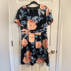 Enfocus Studio Navy Blue and Pink Fit and Flare Midi Dress Pleated